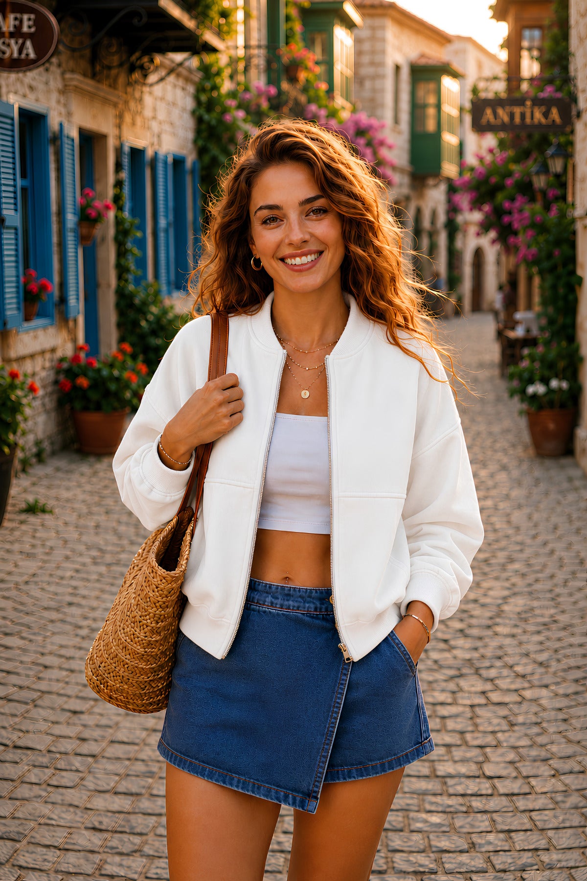 Kadın Fermuarlı Oversize Bomber Basic Mevsimlik Günlük Ceket - Beyaz - 1