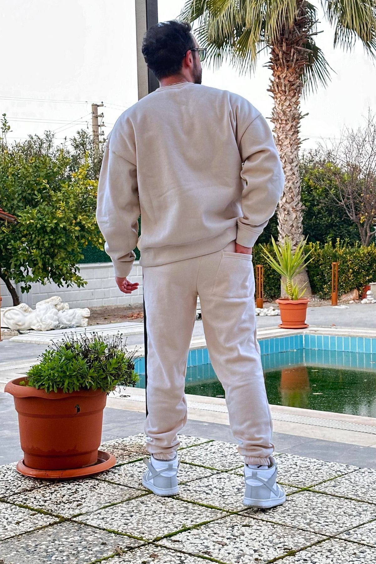 Erkek Unisex 3 İ̇plik Krem Takim Bisiklet Yaka Sweatshirt Ve Eşofman Altı - Bej - 4