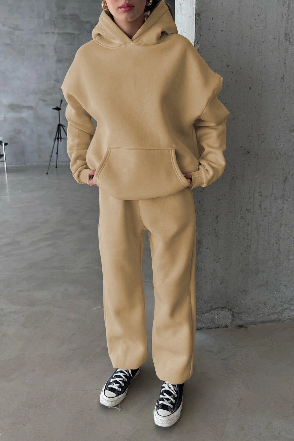 Kadın Paçası Lastikli Jogger Oversize Kışlık Eşofman Takımı - Bej - 3