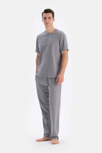 Erkek Kısa Kollu Pijama Takımı Oversize Bisiklet Yaka - Gri - 3