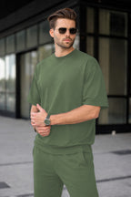 Erkek Basic Oversize Takım Kısa Kollu Penye Konforlu Kombin - Yeşil - 2