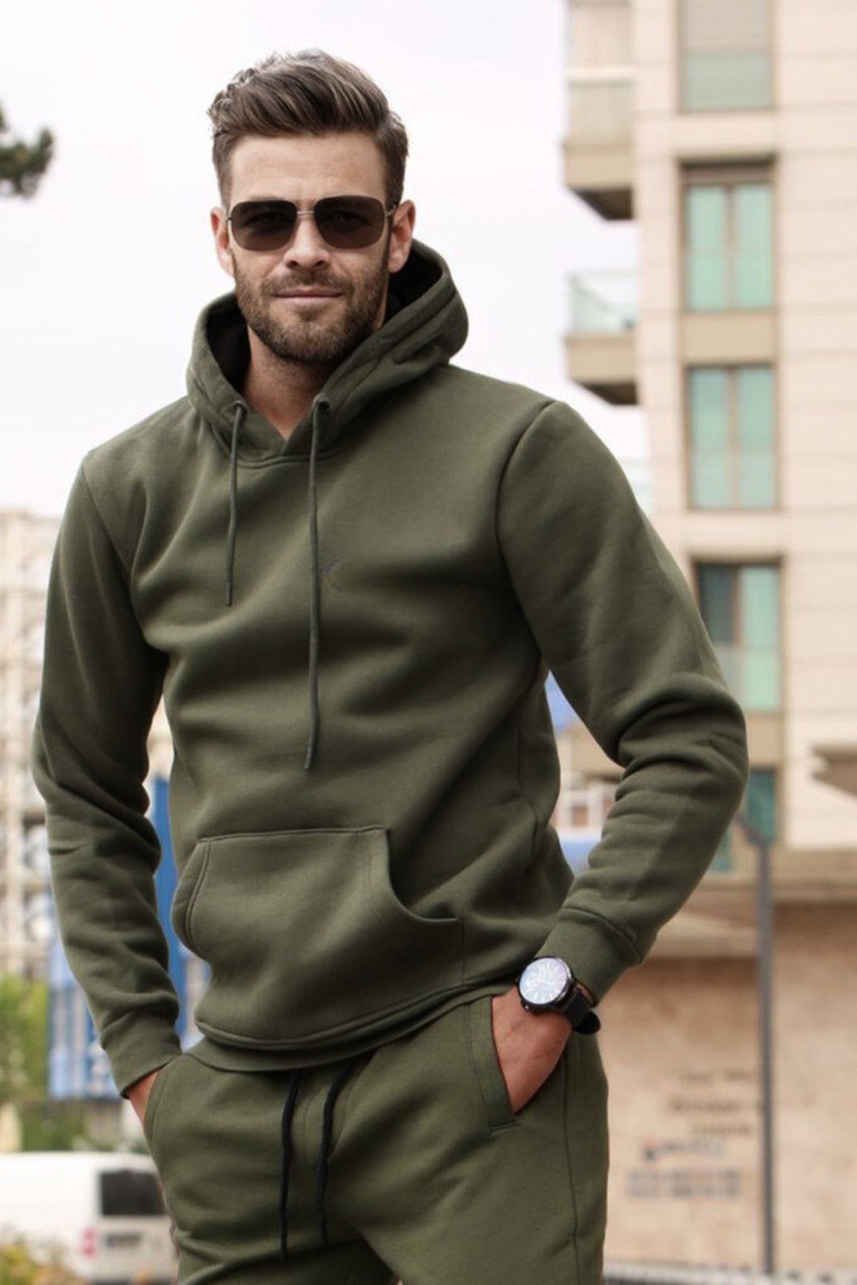 Erkek Bol Kesim Oversize 3 İ̇plik İ̇çi Pamuklu Şardonlu Kanguru Cep Kapşonlu Kışlık Hoodie Sweatshirt - Haki - 1