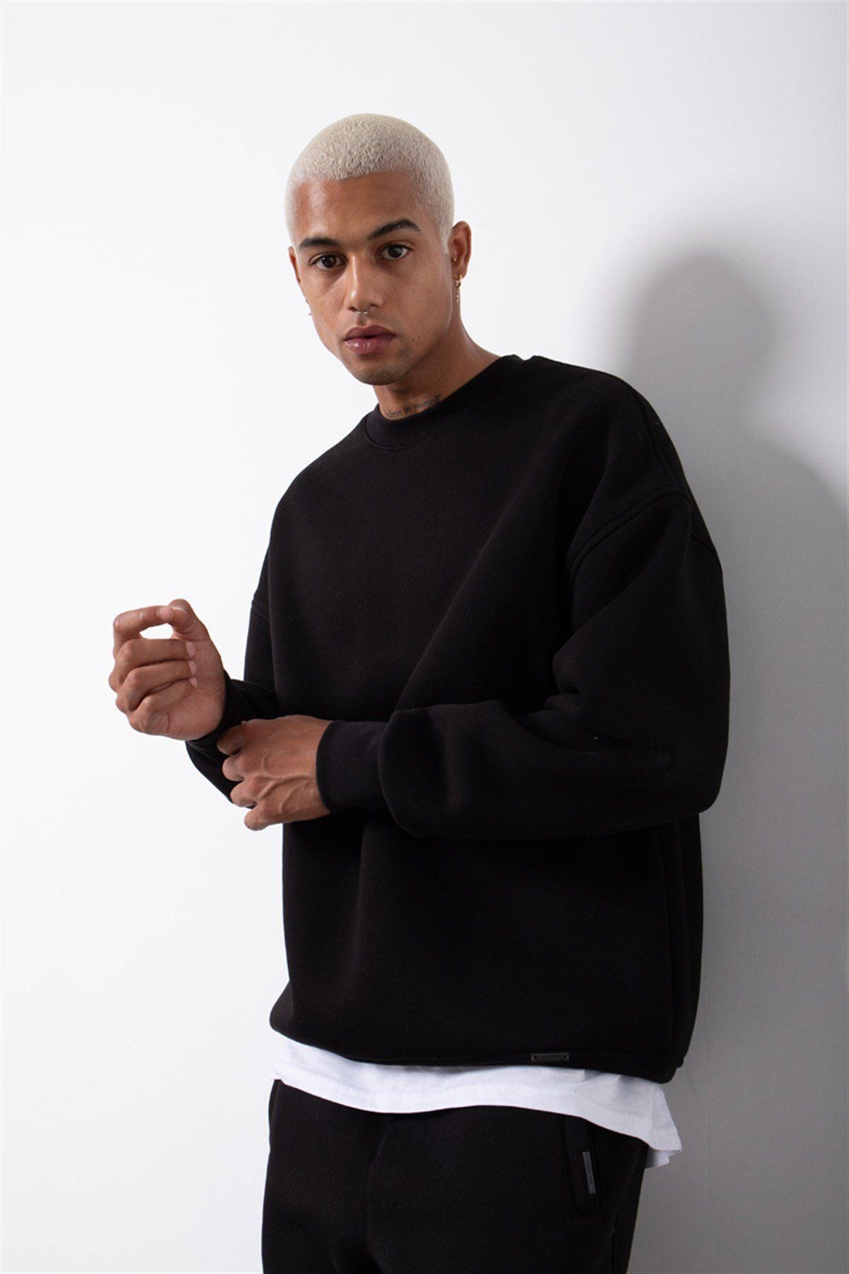 Erkek Bisiklet Yaka Oversize Sweatshirt - Siyah - 1