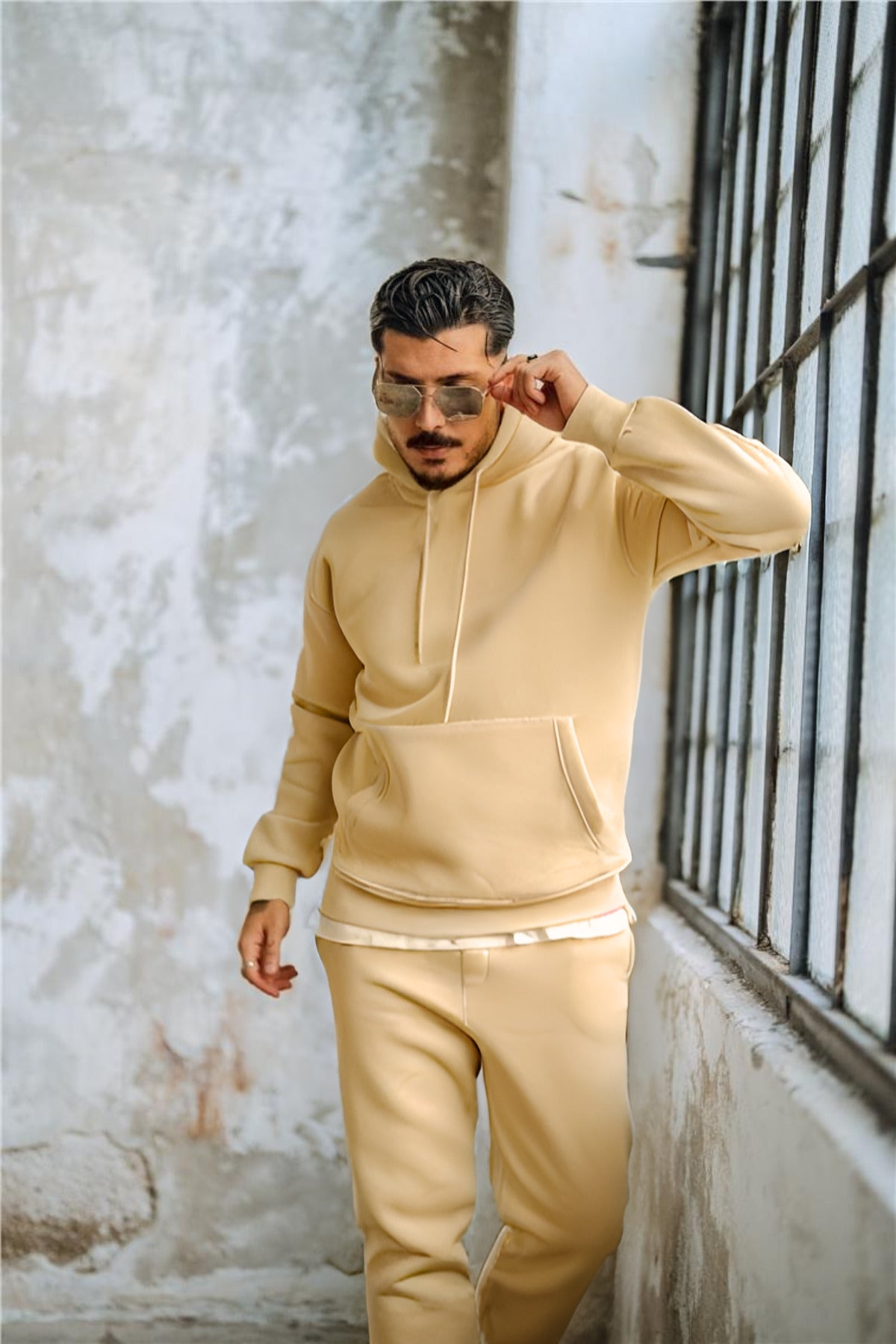 Erkek Kapşonlu Oversize 3 İ̇plik Şardonlu Lastikli Paça Eşofman Takımı - Vizon - 3