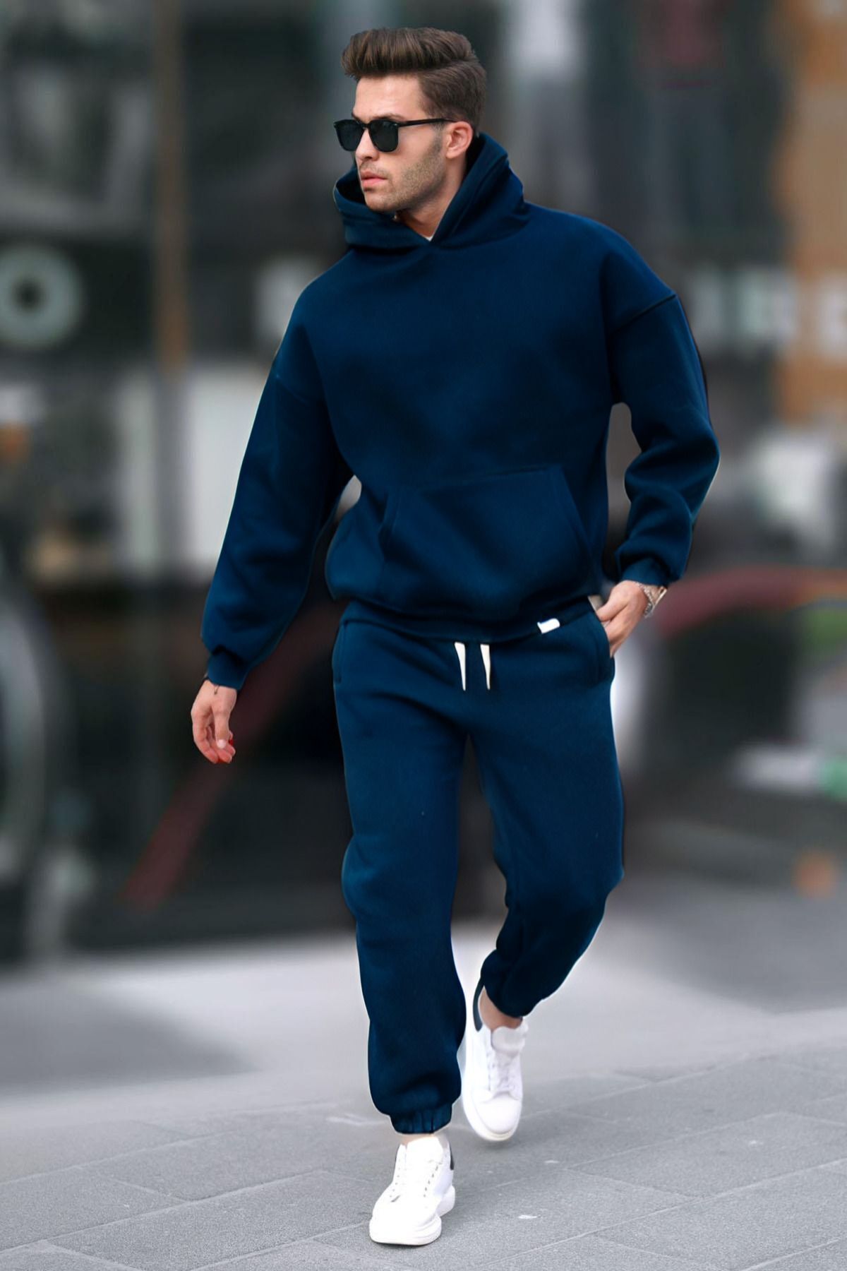 Erkek Lacivert Kapşonlu 3 İ̇plik Şardonlu Paça Lastikli Eşofman Takımı - Navy Blue - 2