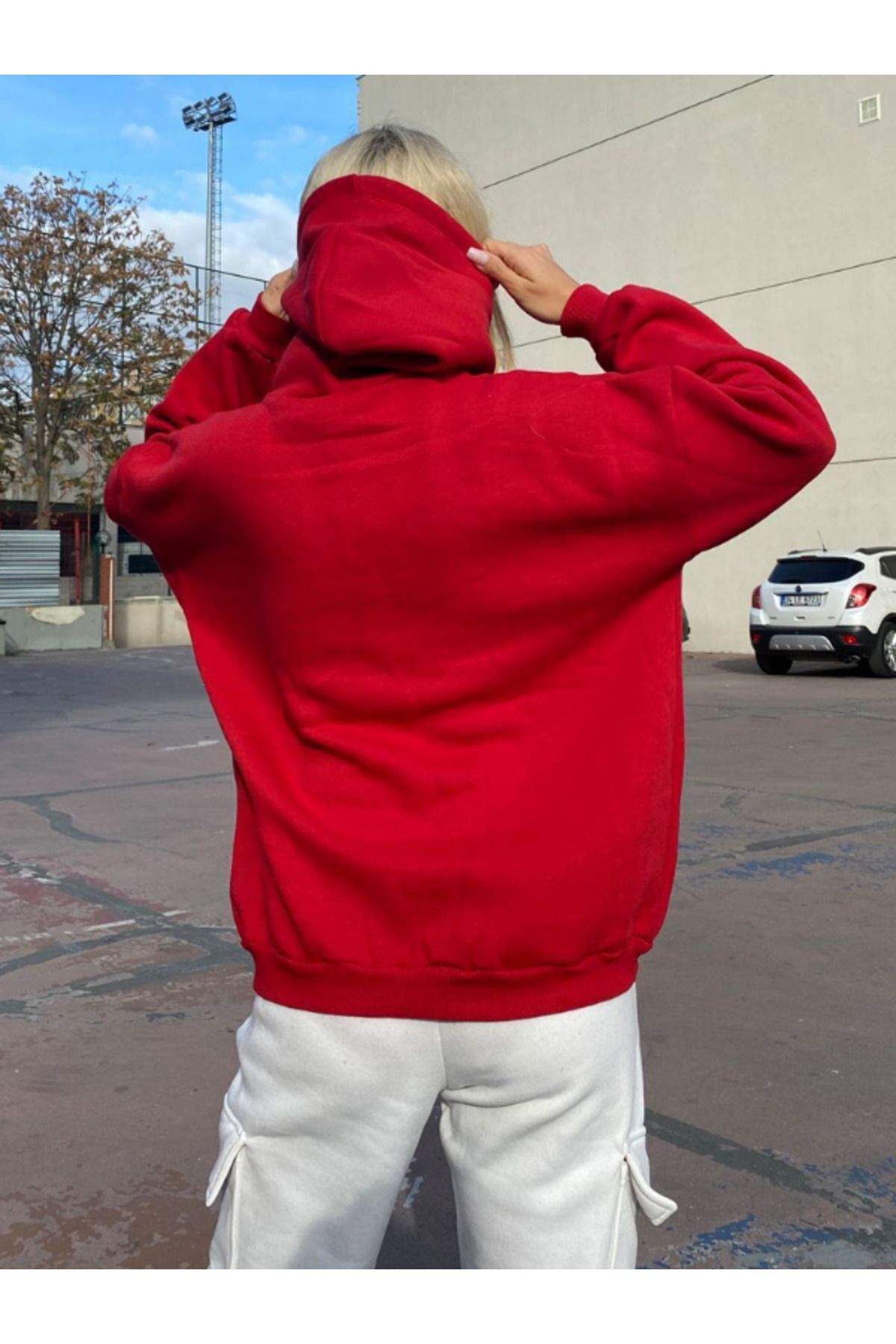 Kadın Kırmızı Hoodie Sweatshirt Kapşonlu 3 İplik Puf 248-1 - Kırmızı - 4