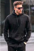 Erkek Siyah Oversize Fit Normal Kesim 3 İ̇plik Pamuklu Kapşonlu Sweatshirt Hoodie - Siyah - 1