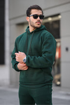 Erkek Bol Oversize 3 İ̇plik İ̇çi Pamuklu Kanguru Cep Kapşonlu Lastikli Paça Jogger Kış Eşofman Takımı - Koyu Yeşil - 3