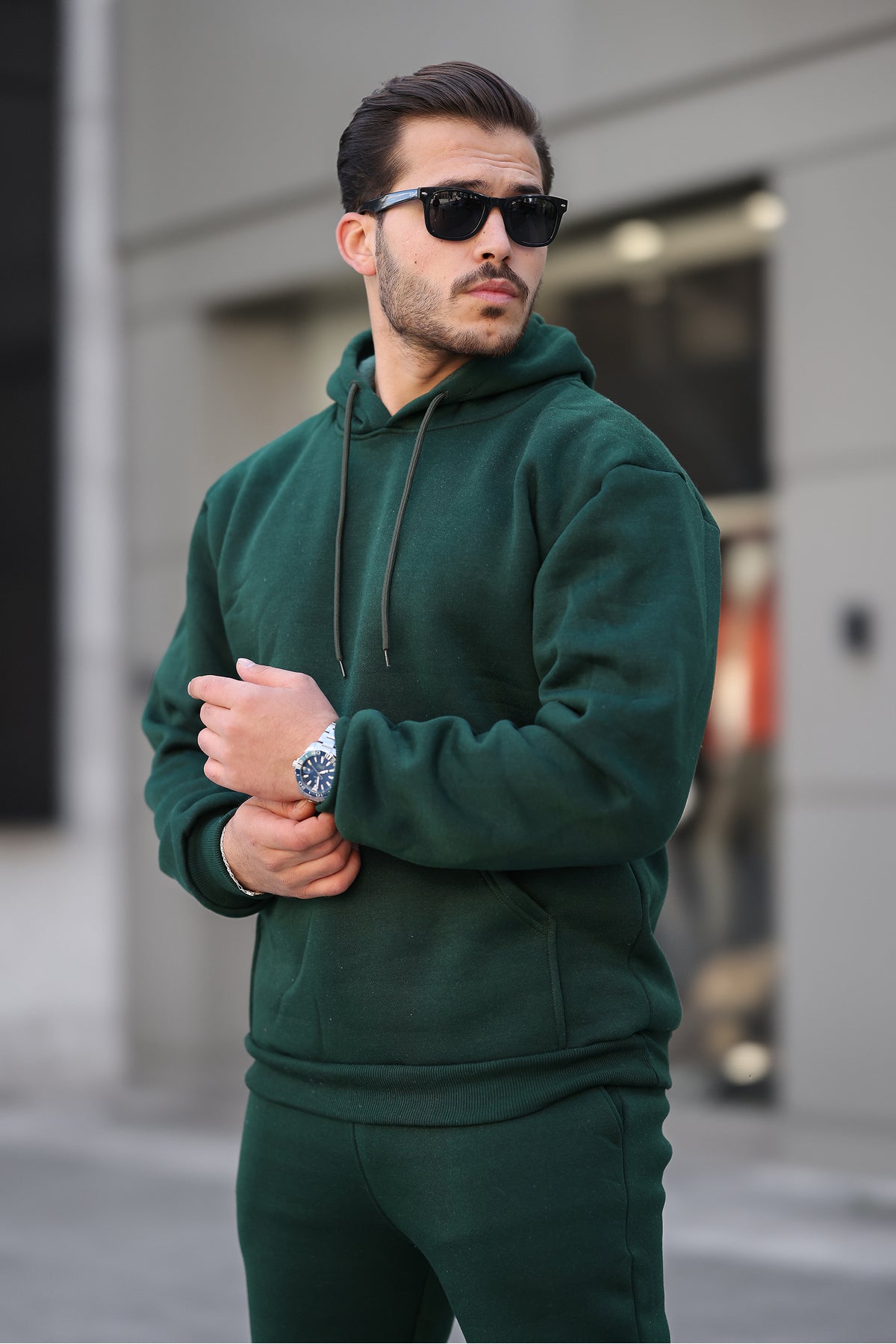 Erkek Bol Oversize 3 İ̇plik İ̇çi Pamuklu Kanguru Cep Kapşonlu Lastikli Paça Jogger Kış Eşofman Takımı - Koyu Yeşil - 3