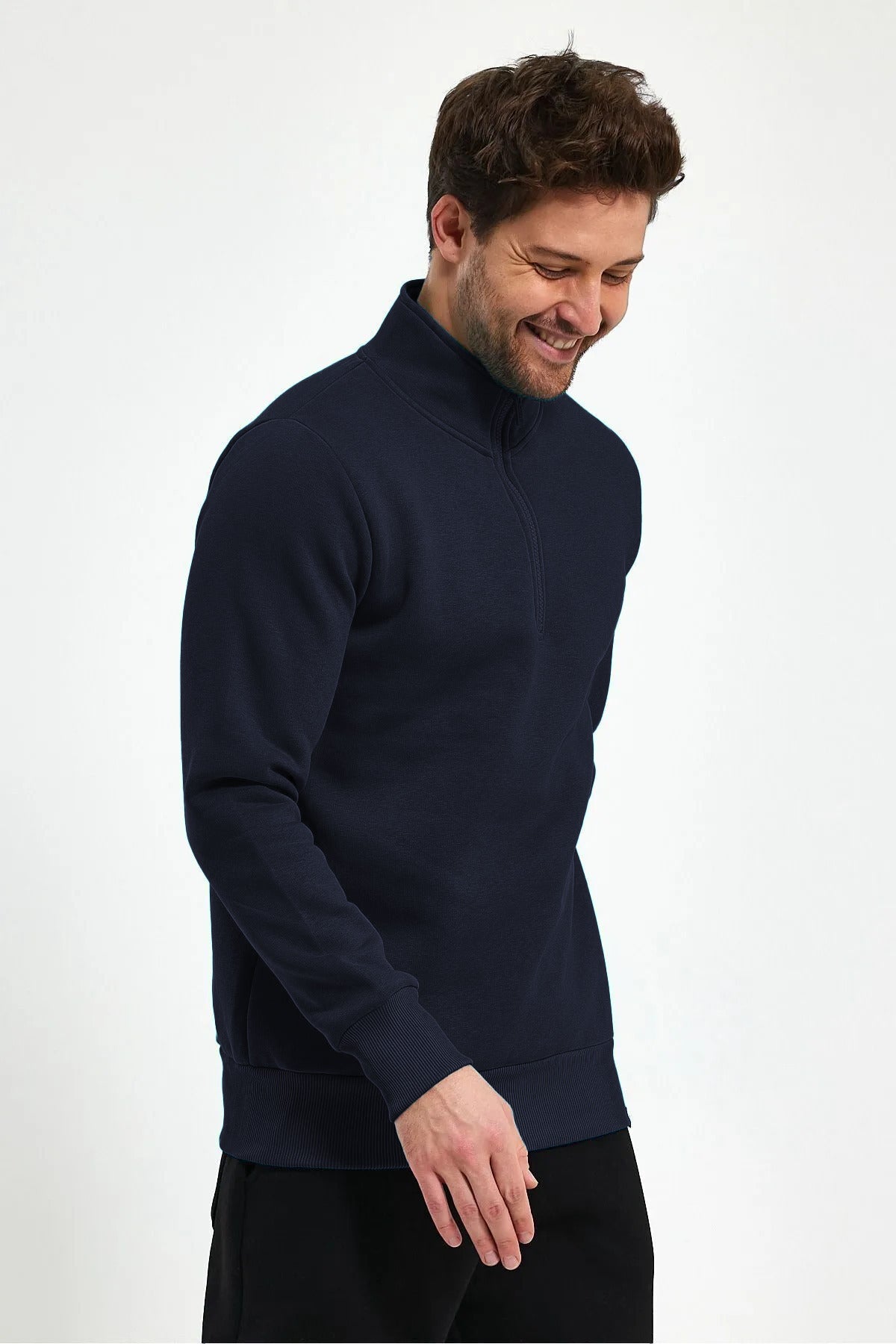 Erkek Yarım Fermuar Dik Yaka Uzun Kollu 3 İ̇plik Sweatshirt - Lacivert - 2