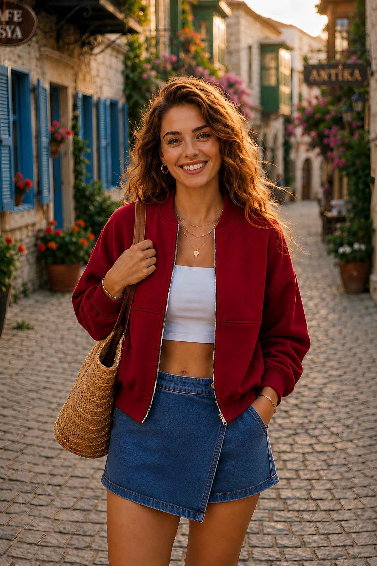 Kadın Fermuarlı Oversize Bomber Basic Mevsimlik Günlük Ceket - Kırmızı - 1