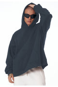 Erkek Bol Kesim Oversize 3 İ̇plik İ̇çi Pamuklu Şardonlu Kanguru Cep Kapşonlu Kışlık Hoodie Sweatshirt - Füme - 1
