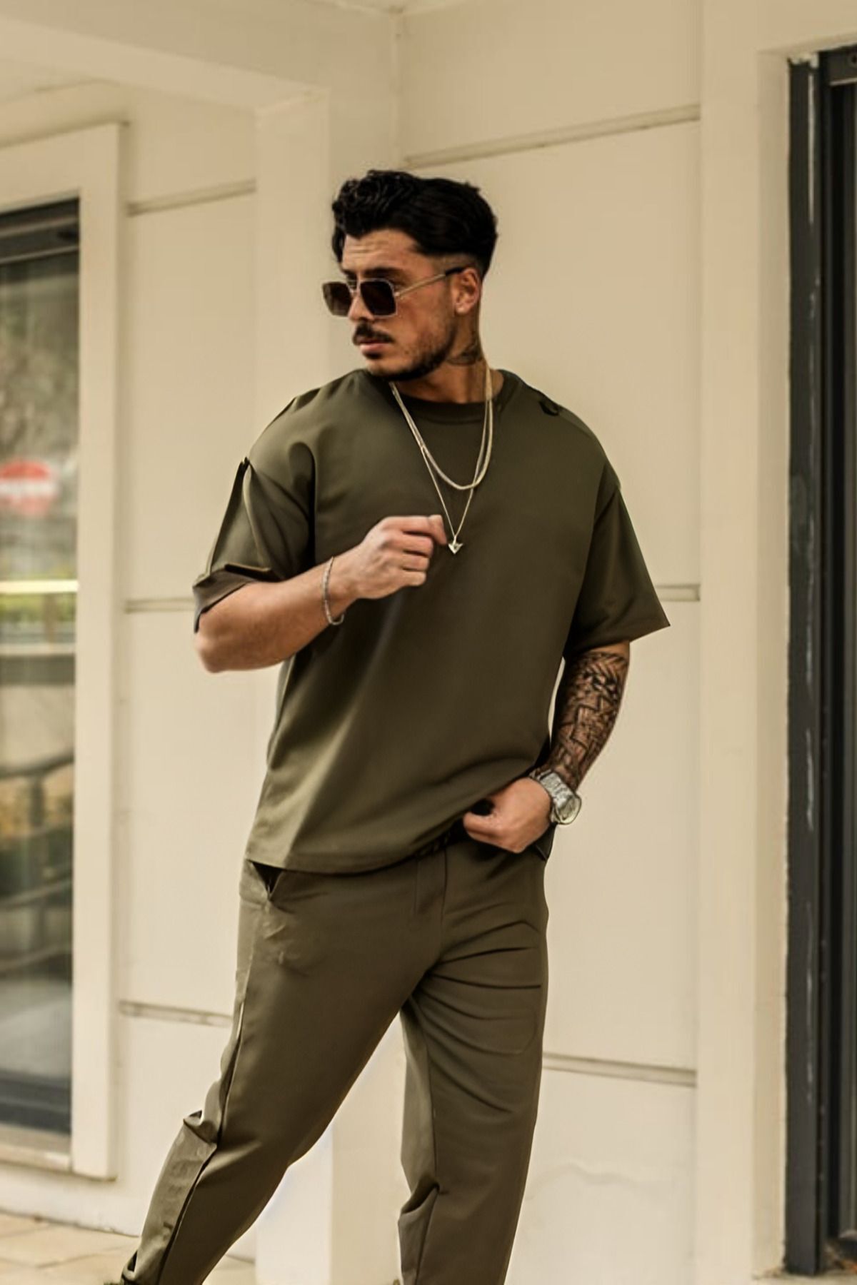 Erkek Kısa Kollu Pijama Takımı Bisiklet Yaka Salaş Oversize - Haki - 2