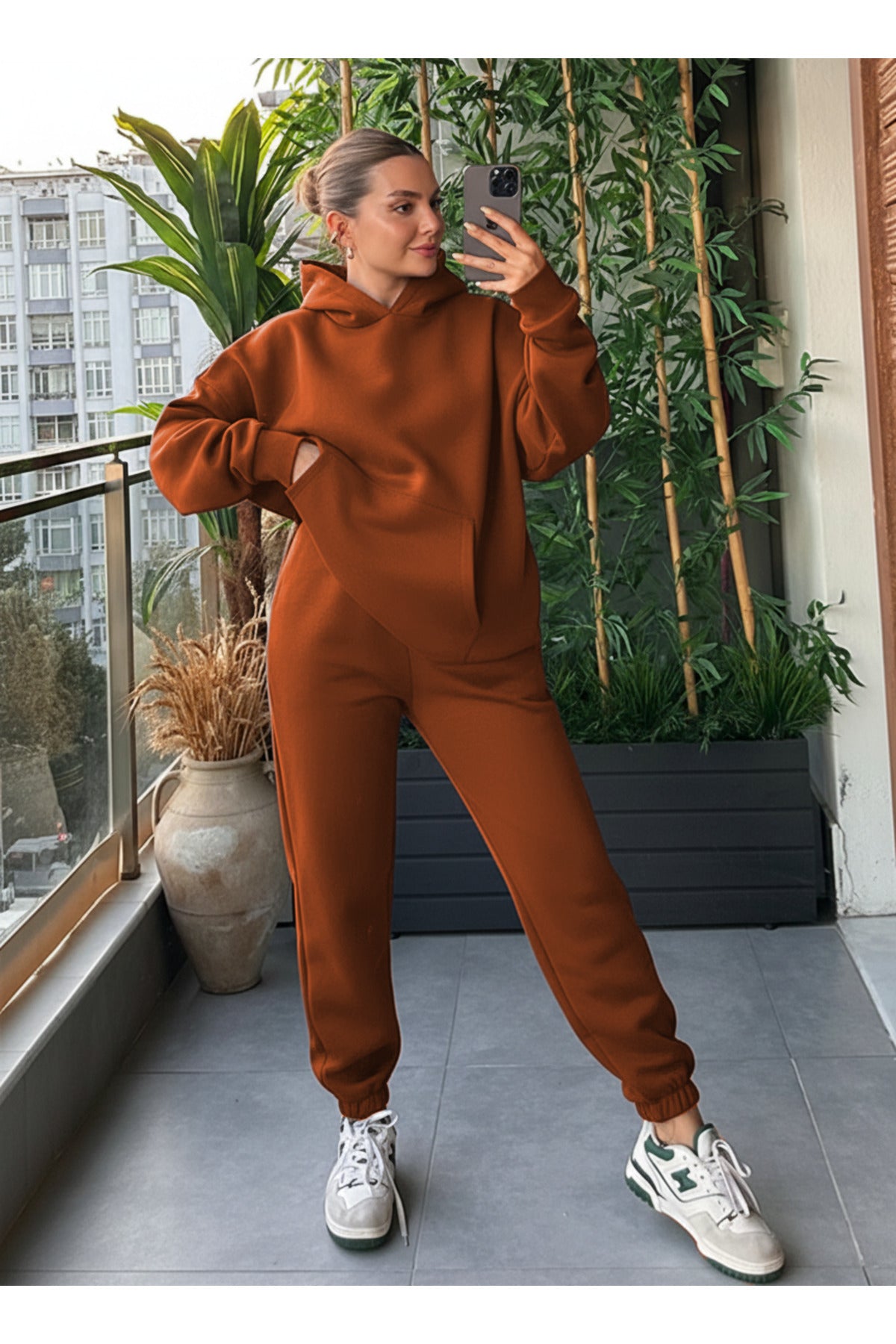 Kadin Kalin Comfort Sweatshi̇rt Yüksek Bel Eşofman Takimi - Kiremit - 1