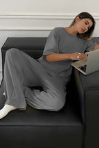 Kadın Bisiklet Yaka Yazlık Kısa Kollu Pijama Takımı - Füme - 1