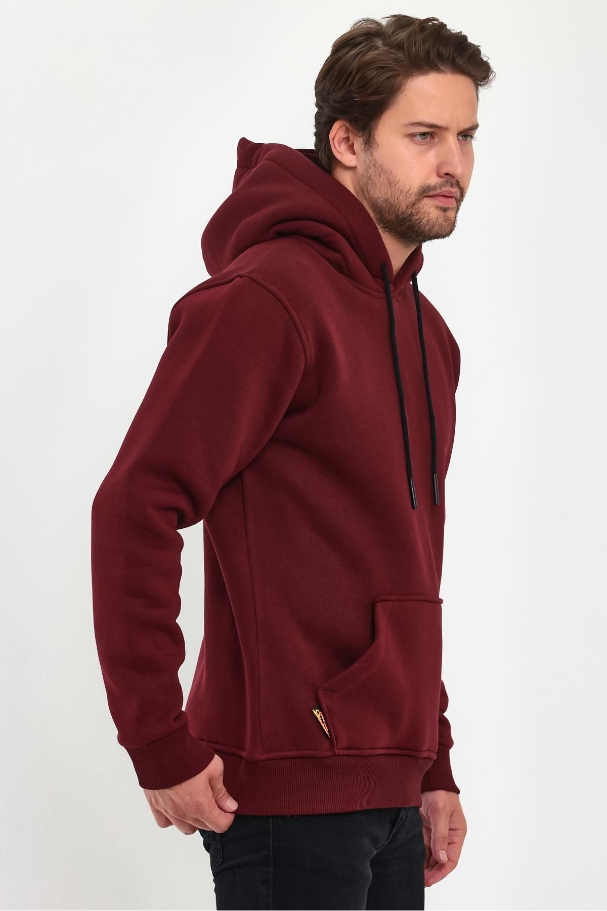 Erkek Kapşonlu Kanguru Cepli̇ 3 İ̇pli̇k Kalin Sweatshi̇rt - Bordo - 2