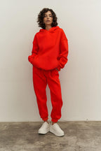 Kadın Eşofman Takımı Sweatshirt Jogger Kirmizi Oversize Şardonlu Kapüşonlu - Kırmızı - 2