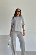 Kadın Gri̇ Düğmesiz Kısa Kol Pamuklu Pijama Takımı - Gri - 1