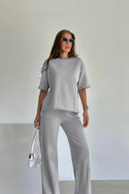 Kadın Gri̇ Düğmesiz Kısa Kol Pamuklu Pijama Takımı - Gri - 1
