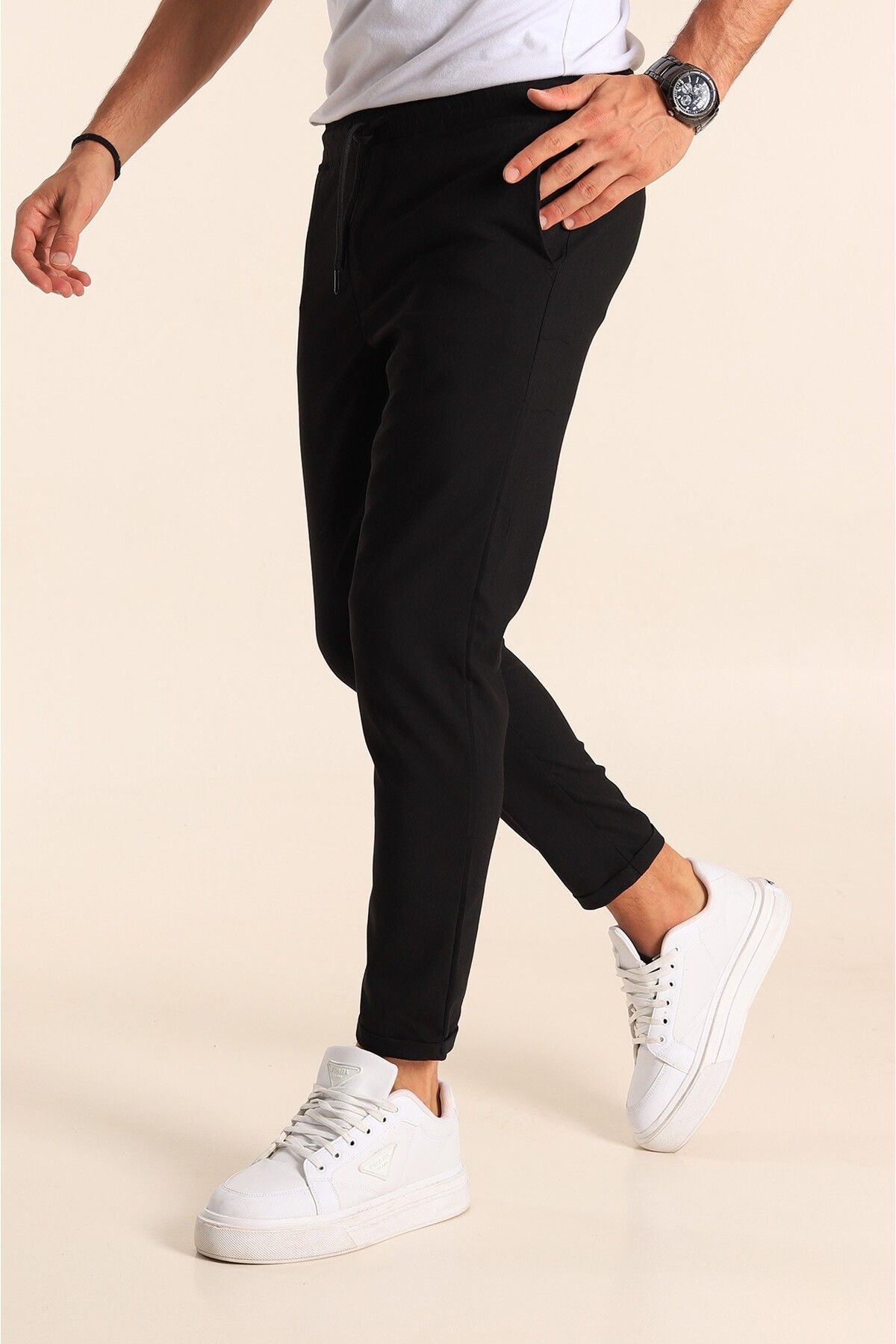 Erkek Siyah Esnek Jogger Kumaş Pantolon Beli Bağcıklı Duble Paça Yandan Cepli Likralı - Siyah - 3