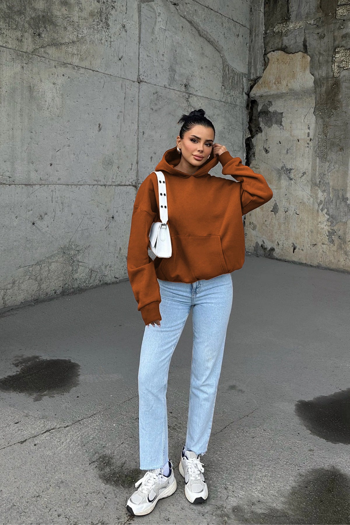 Kadin Ki̇remi̇t 3 İ̇pli̇k Oversi̇ze Rahat Günlük Yumuşak Kapüşonlu Sweatshirt - Kiremit - 2