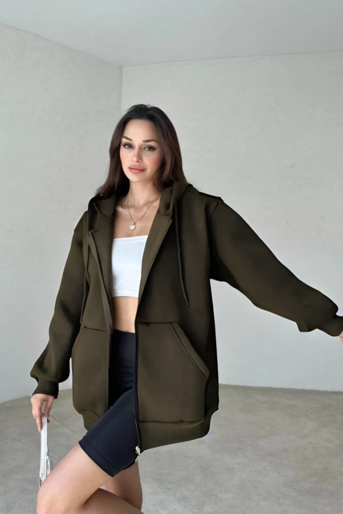 Kadın 3 İ̇plik Oversize Kapüşonlu Fermuarlı Hırka Sweatshirt - Haki - 3