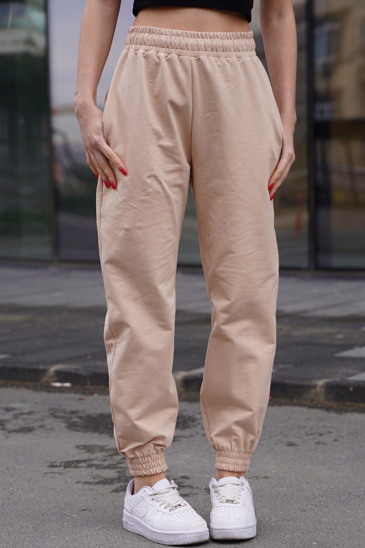 Kadın Bej Jogger Yüksek Bel Eşofman Altı Beige Sweatpants - Bej - 2