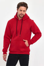 Erkek Kapşonlu Kanguru Cep Sweatshirt - Kırmızı - 3
