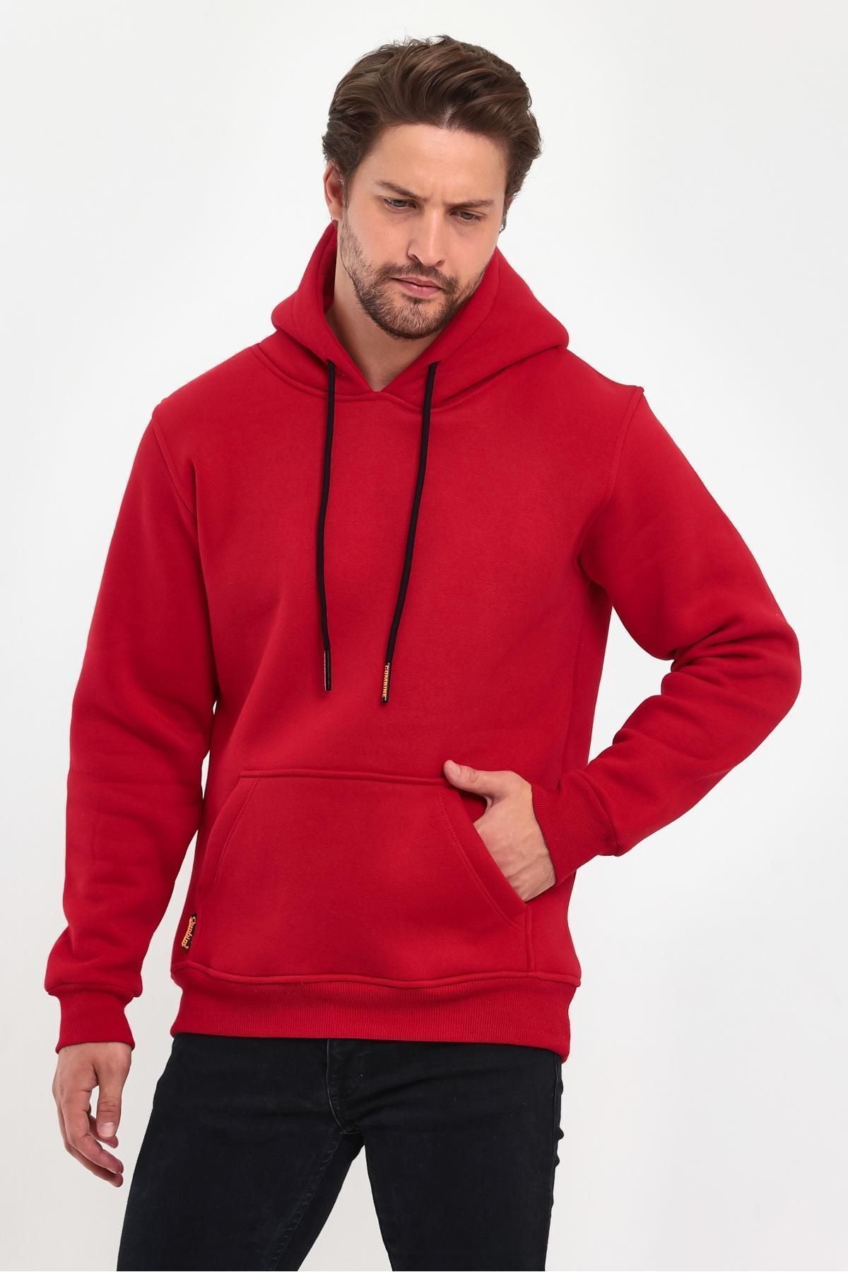 Erkek Kapşonlu Kanguru Cep Sweatshirt - Kırmızı - 3