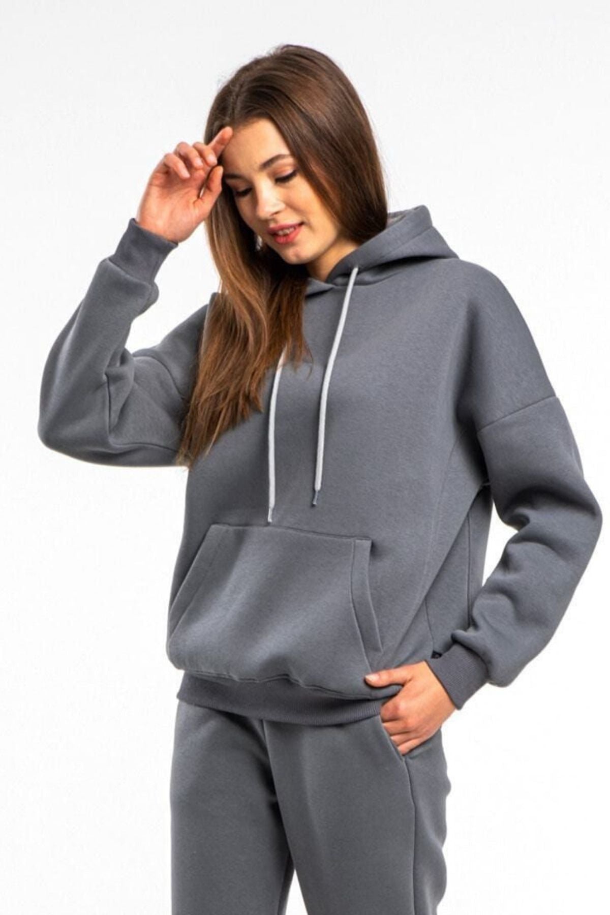 Basi̇c Oversi̇ze Sweatshi̇rt Hoodi̇e - Füme - 2