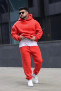 Erkek Yesterday Baskılı Oversize Kışlık Kanguru Cep Kapşonlu Jogger Eşofman Takımı - Kırmızı - 1