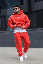 Erkek Yesterday Baskılı Oversize Kışlık Kanguru Cep Kapşonlu Jogger Eşofman Takımı - Kırmızı - 1