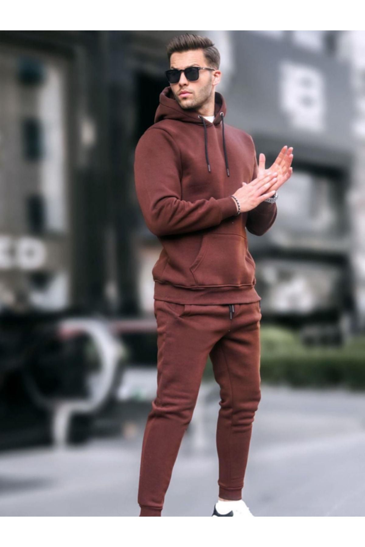 Erkek Kışlık Kapüşonlu Oversize Pamuklu Eşofman Takımı 3 İ̇plik - Kahverengi - 1