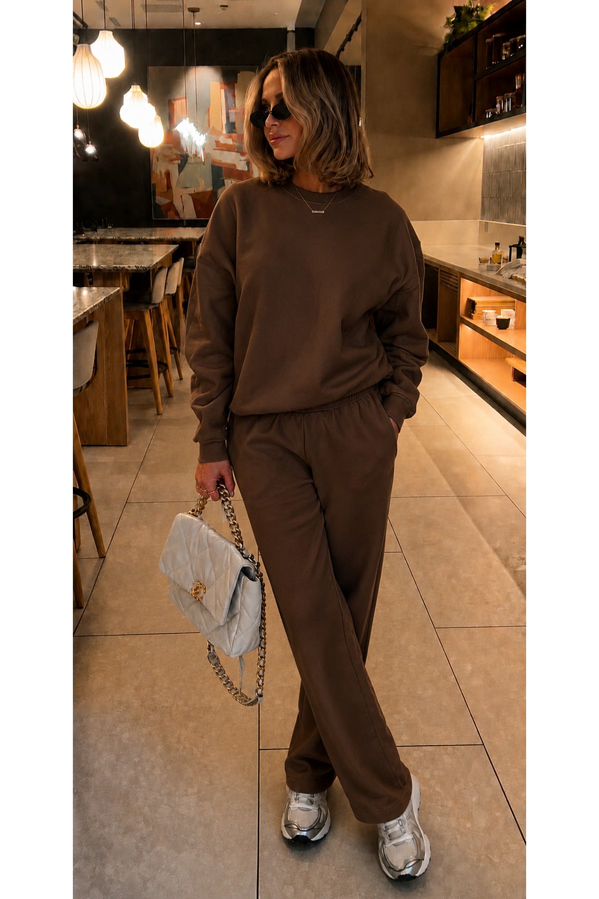 Kadin 3 İ̇pli̇k Bi̇si̇klet Yaka Sweatshirt Eşofman Takimi - Kahverengi - 3