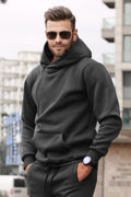 Erkek Bol Kesim Oversize 3 İ̇plik İ̇çi Pamuklu Şardonlu Kanguru Cep Kapşonlu Kışlık Hoodie Sweatshirt - Füme - 1