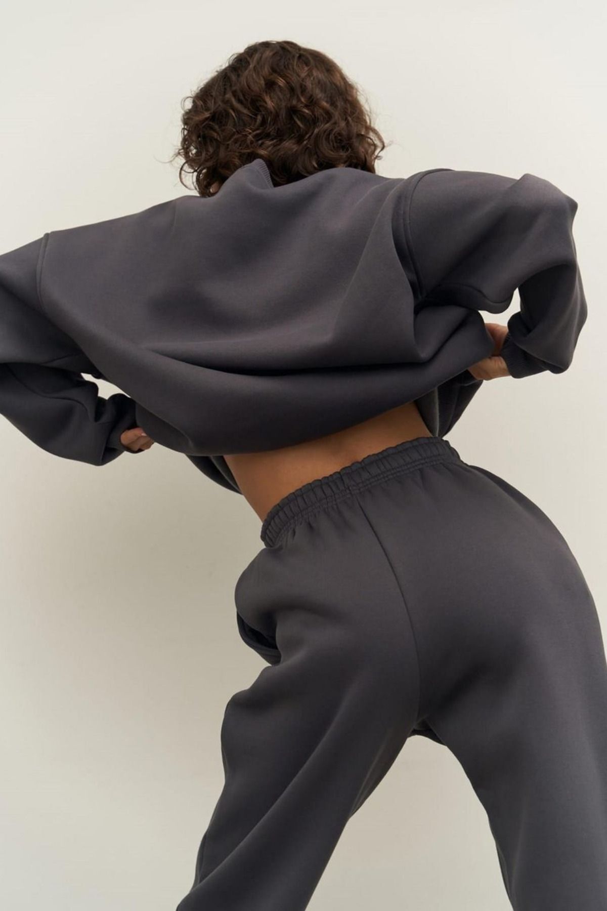Kadın Oversize Rahat Kalıp Bisiklet Yaka Eşofman Takıım - füme - 8