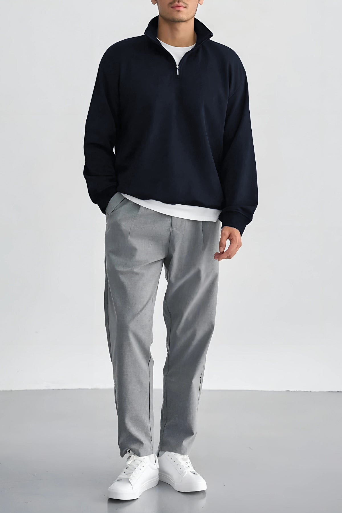 Erkek Dik Yaka Fermuarlı Sweatshirt 3 İplik Puf - Lacivert - 1