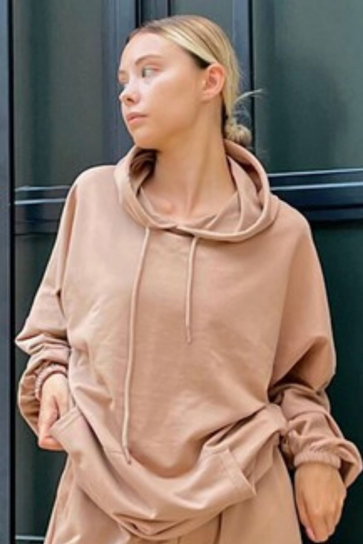 Kadın Vizon Hoodie Sweatshirt Kapşonlu 3 İplik Puf - Vizon - 1