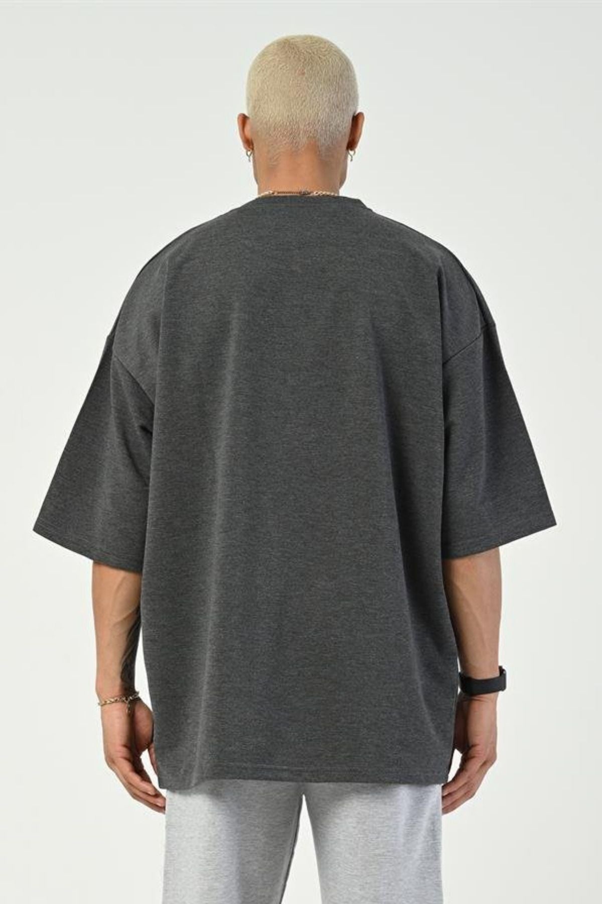 Erkek Kısa Kollu Tok Penye Oversize Rahat Kalıp Bisiklet Yaka Tişört - Füme - 3