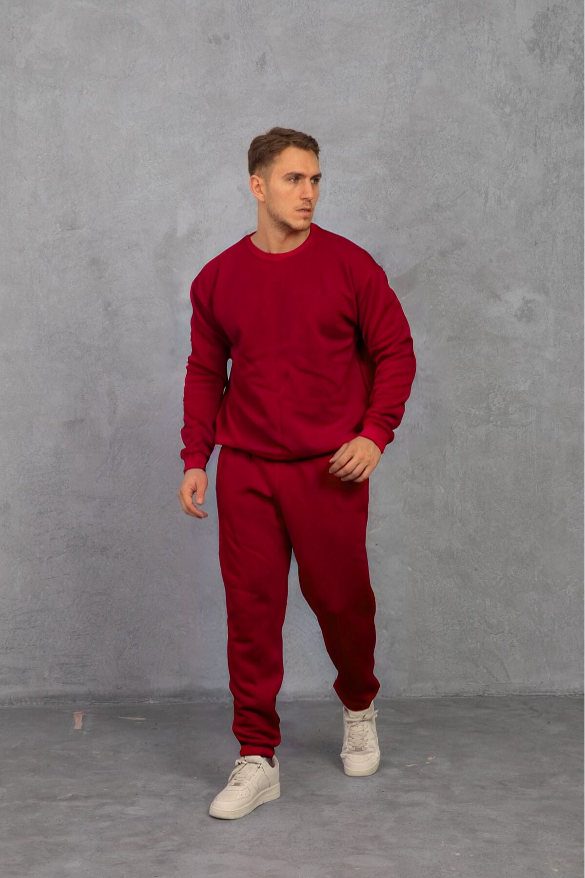 Erkek Bisiklet Yaka Oversize Salaş Bol Eşofman Takımı - Bordo - 2