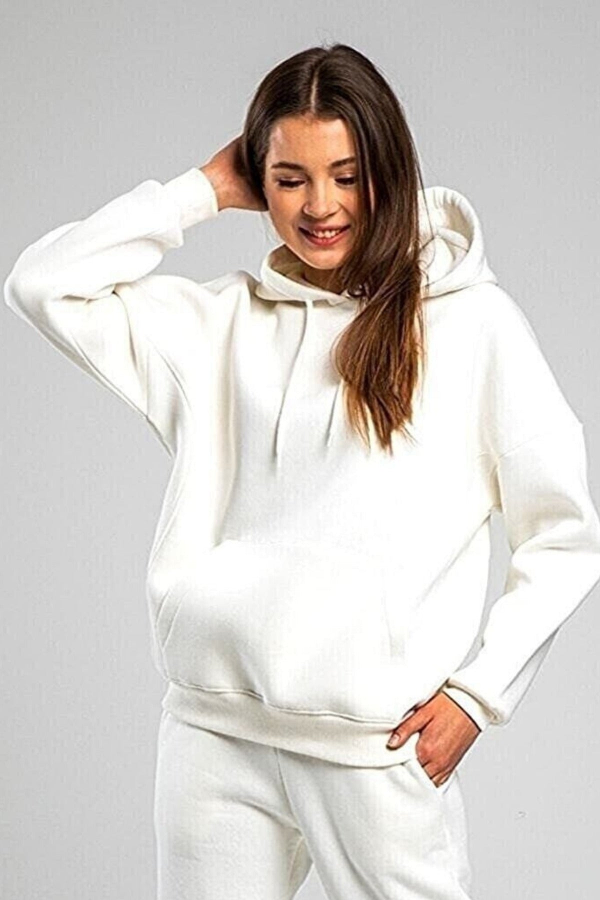 Kadın Rahat Kalıp Günlük Kapşonlu Sweatshirt - Beyaz - 3