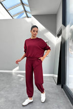Kadın Bisiklet Yaka Yüksek Bel Yumuşacık Oversize Eşofman Takımı - Bordo - 2