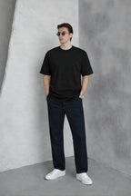 Erkek Siyah Basic Oversize Tişört Rahat Kalıp Düz Minimal Pamuklu Günlük T-shirt - Siyah - 1