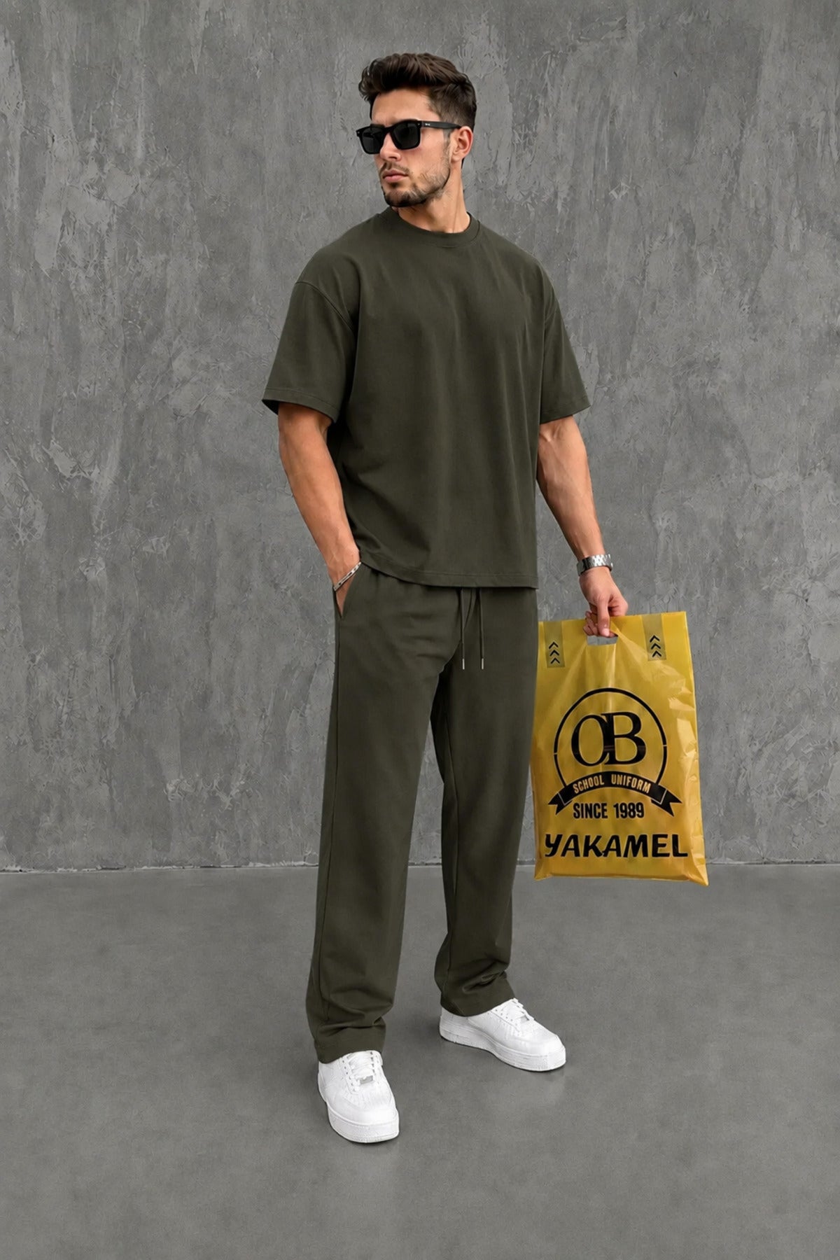 Oversize Salaş Kesim Premium Takım Kombin Rahat Kalıp Unisex İ̇kili Takım - Haki - 1