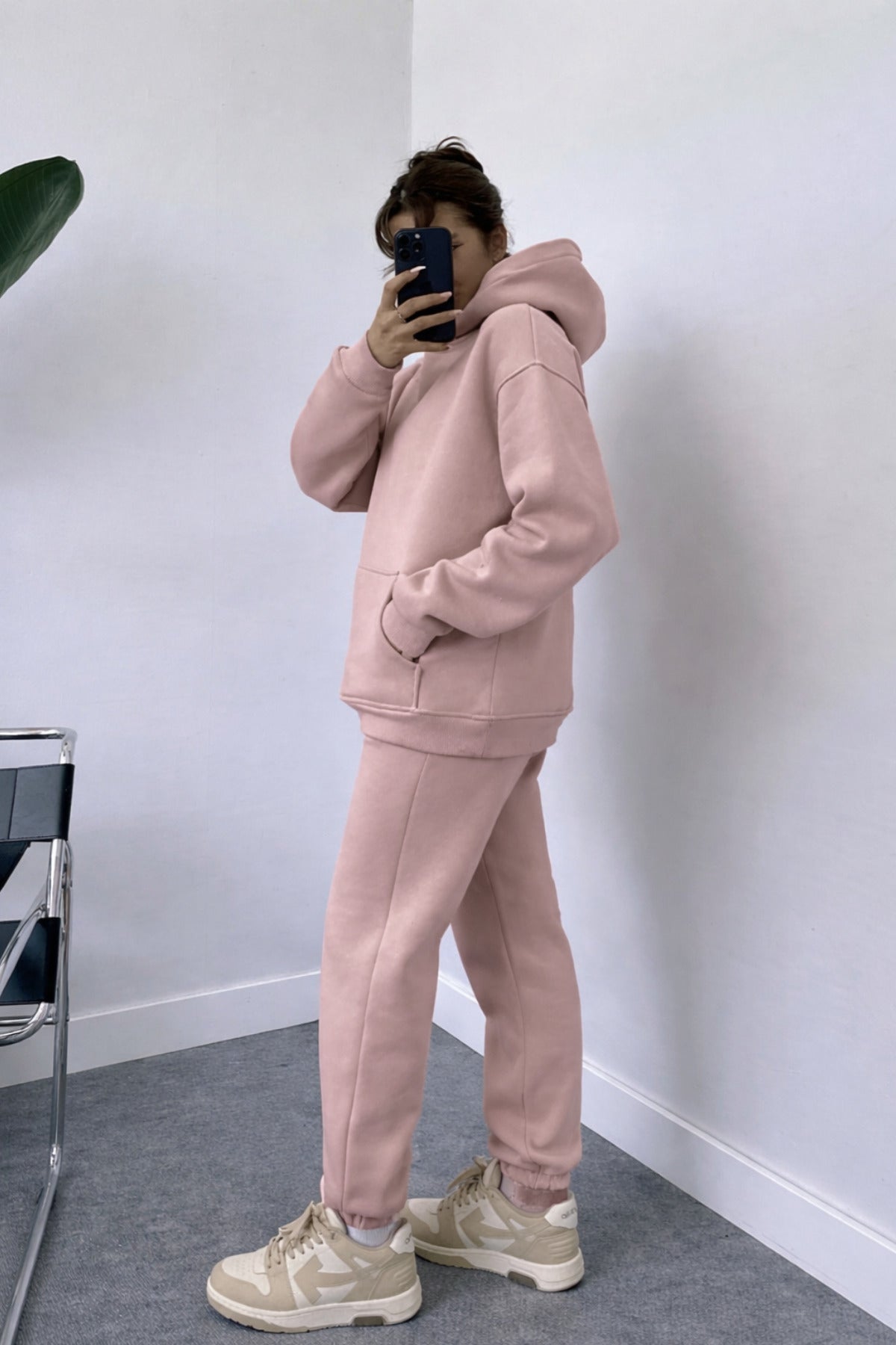 Kadın Oversize Trend Model Kanguru Cep Kapşonlu Sweatshirt Eşofman Takımı - Pudra Pembe - 4