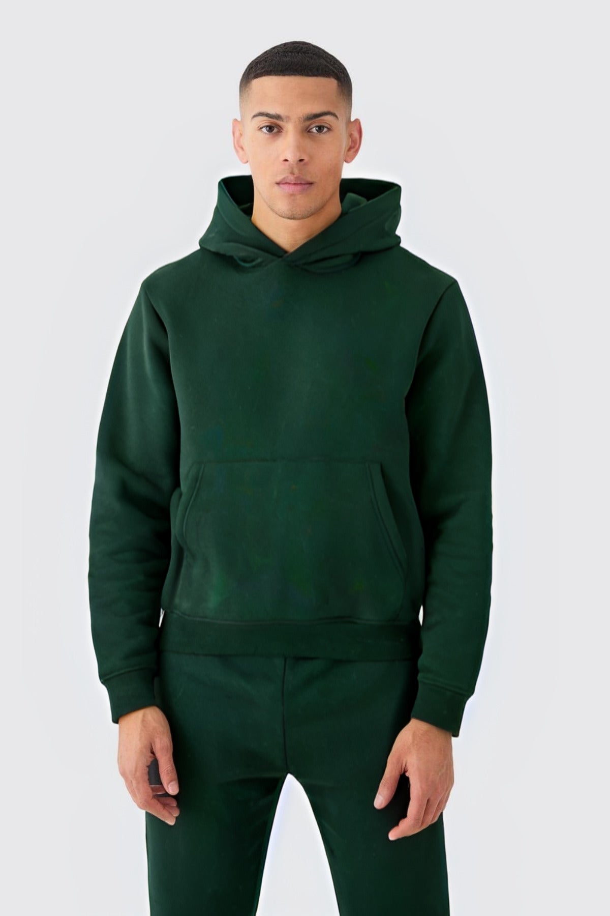 Erkek Kapüşonlu Kanguru Cep Oversize 3 İ̇plik İ̇çi Pamuklu Jogger Paça Eşofman Takımı - Koyu Yeşil - 2