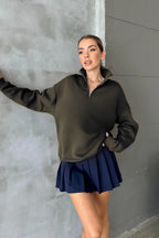 Unisex 3 İ̇plik Şardonlu Oversize Yarım Fermuarlı Sweatshirt - Haki - 2
