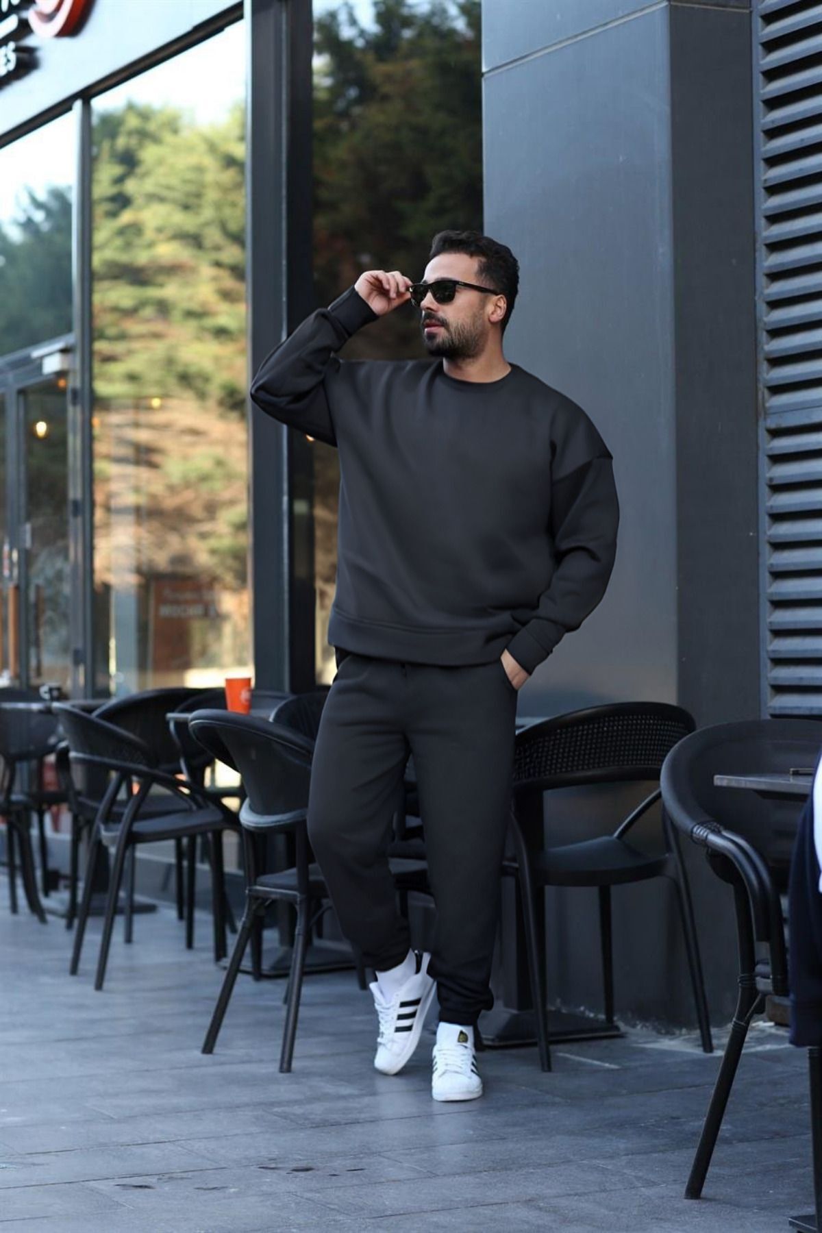 Erkek Unisex 3 İ̇plik Füme Takim Bisiklet Yaka Sweatshirt Ve Eşofman Altı - Füme - 1