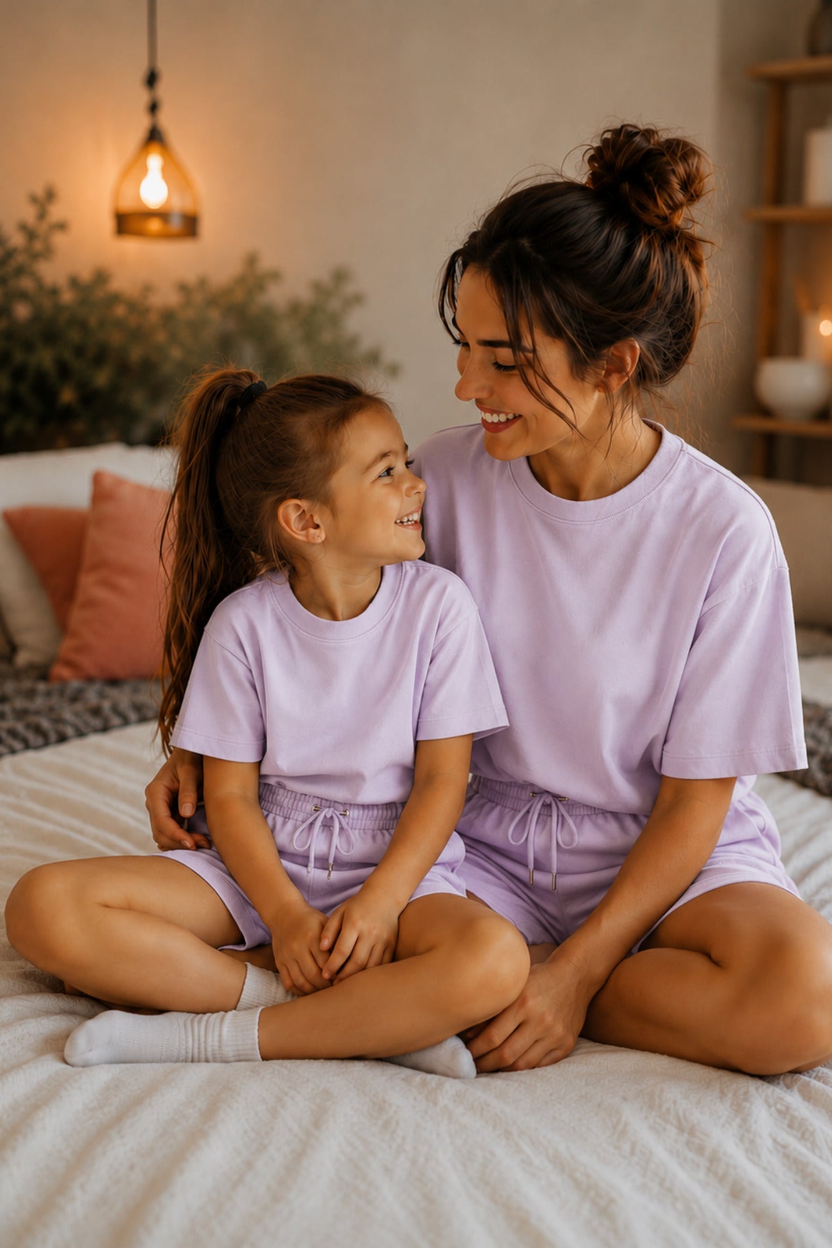 Anne Çocuk Kisa Kollu Oversize Esnek Rahat Beli̇ Bağcikli Modern Kesi̇m Trend Yazlik Günlük Alt Üst Takim - Lila - 4