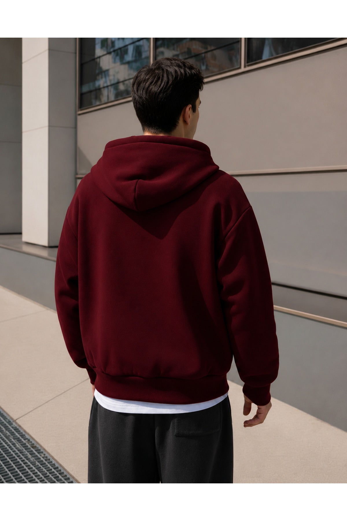 Erkek 3 İ̇pli̇k Fermuarli Kapüşonlu Oversi̇ze Rahat Sweatshirt Hirka - Bordo - 3